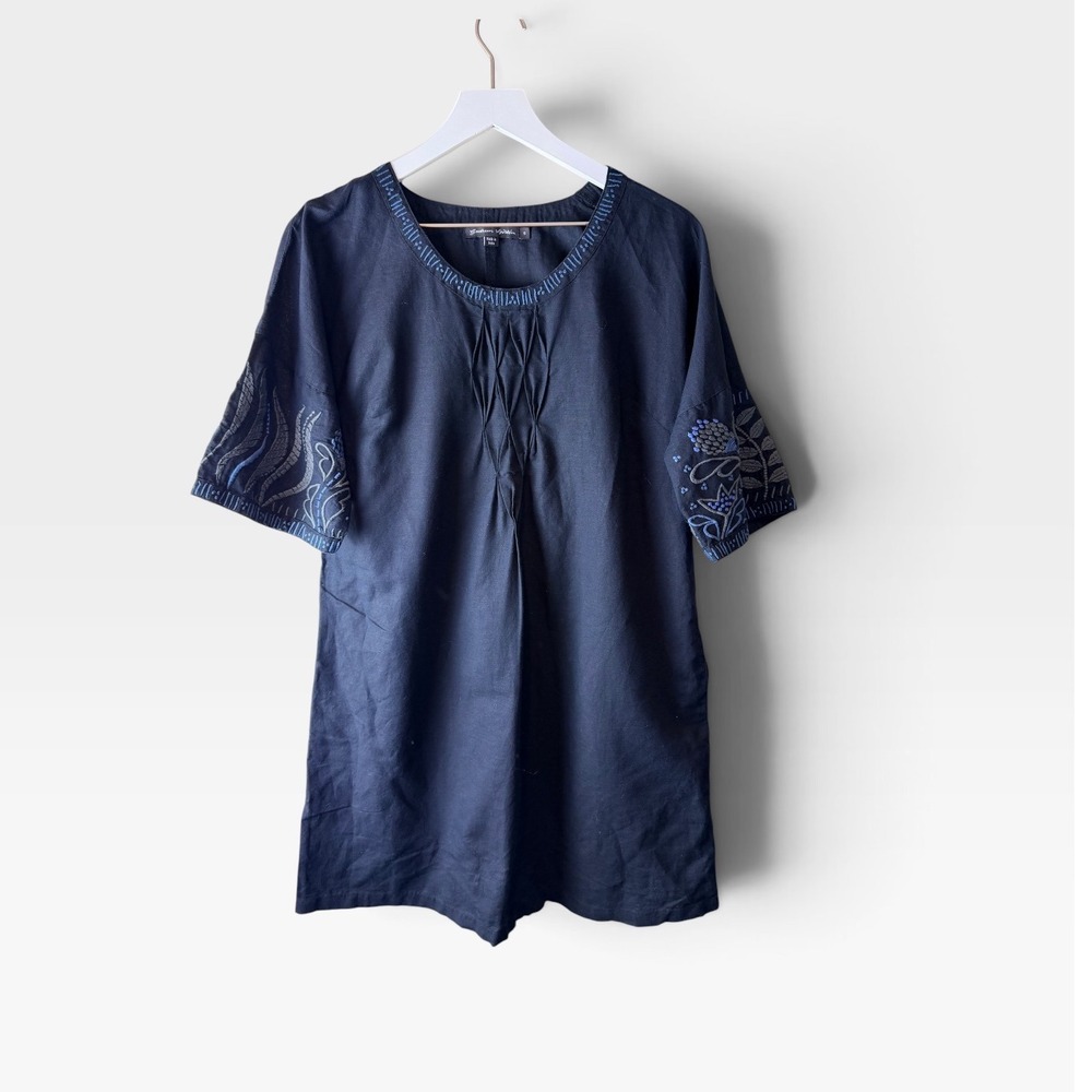 Gudrun Sjoden Navy Linen Cotton Embroidered Tunic Top Dress Womens Small